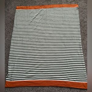 Striped Gray and White Throw Blanket with Orange Trim